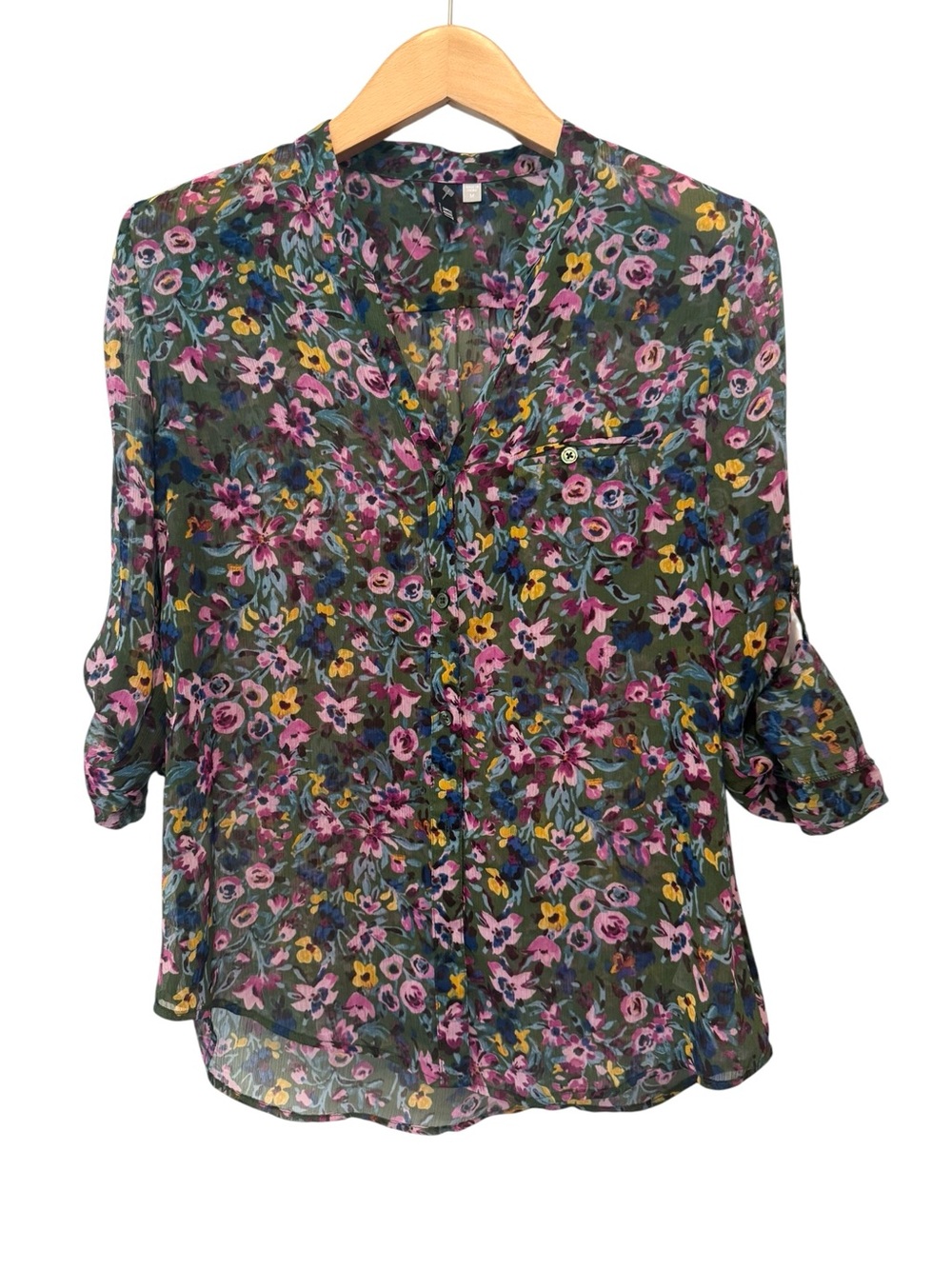 Kut from the Kloth Floral Chiffon Blouse Sheer Long Sleeve Roll Tab Size Medium